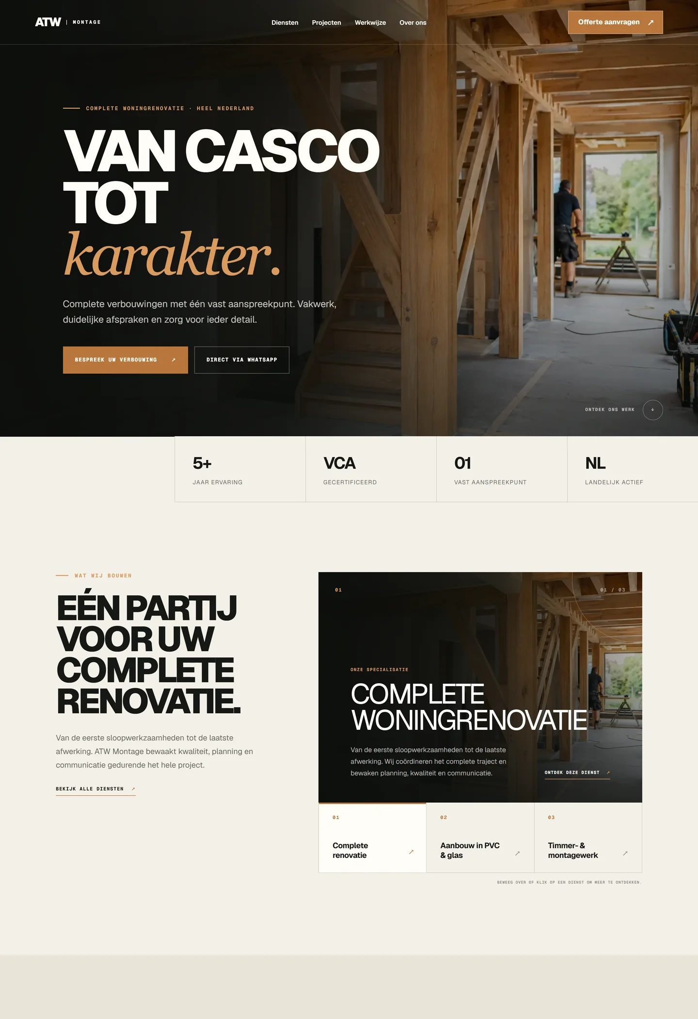 Homepage van de website van ATW Montage met de kop "Van casco tot karakter" en een knop om een offerte aan te vragen