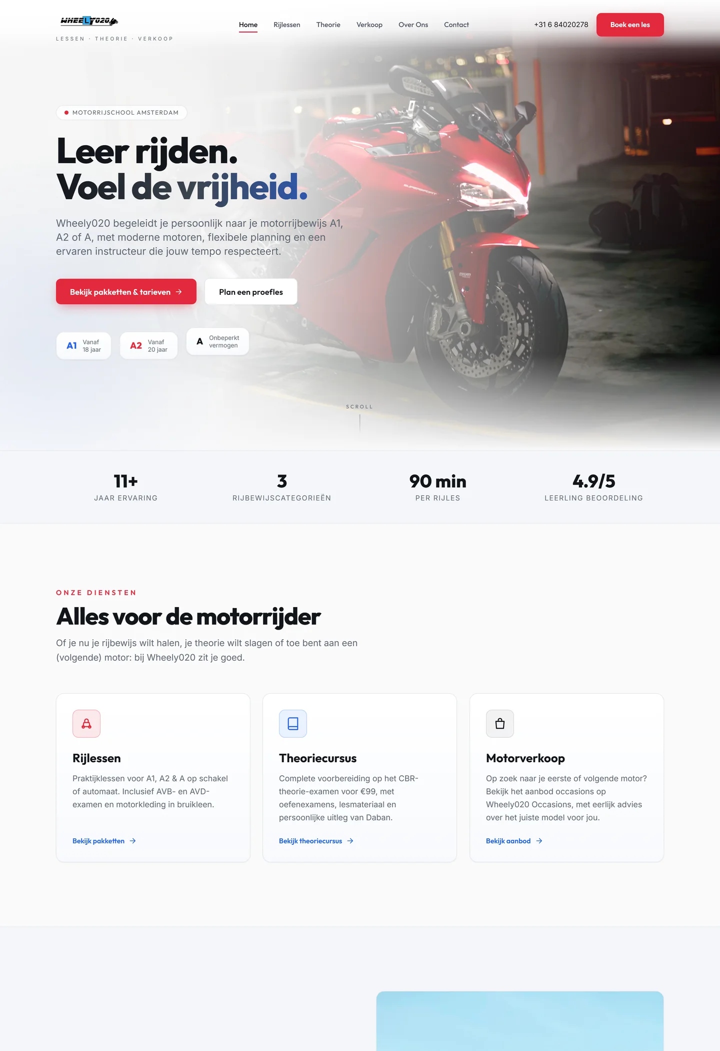 Websiteontwerp van het Wheely020-conceptproject: motorrijschool in Amsterdam met de kop "Leer rijden. Voel de vrijheid."